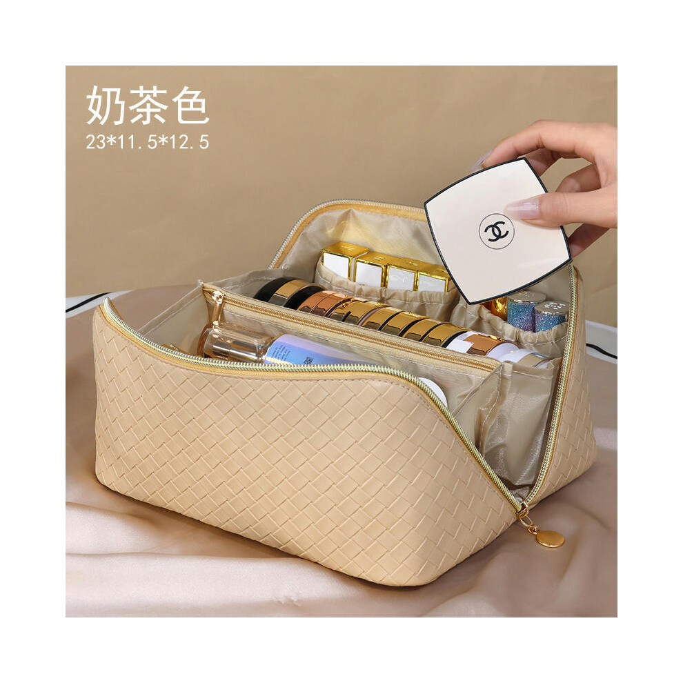 (Weaving-milk tea color) PU Pippi Cloud Pillow Makeup Bag Large -Capacity Practice Makeup Box Travel Bring Portable Makeup Bag Wholesale