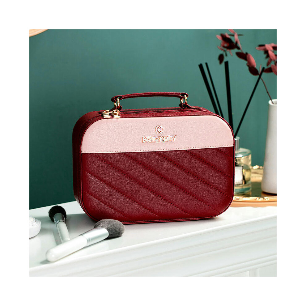 (8011 oblique stripe wine red trumpet) Internet Celebrity Explosion Large And Small Makeup Box Large -Capacity Portable Cosmetics Storage Box Skin Car