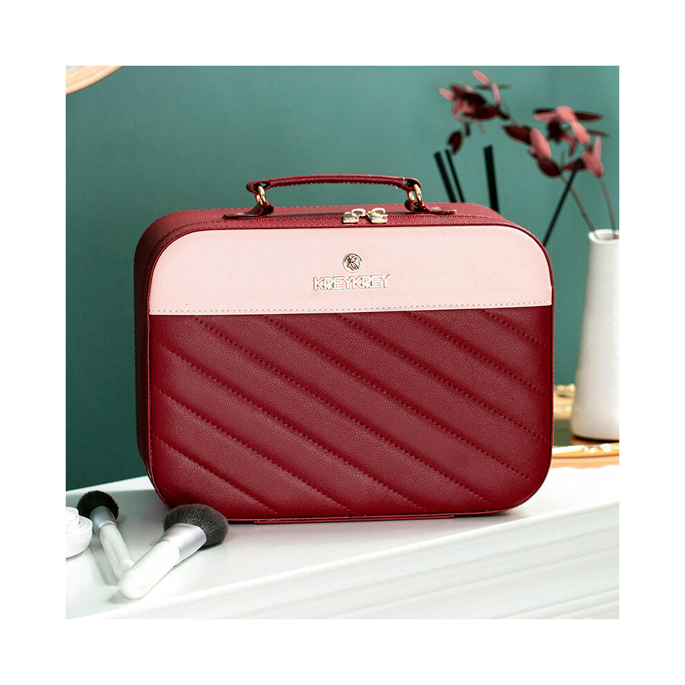 (8011 oblique stripe wine red large) Internet Celebrity Explosion Large And Small Makeup Box Large -Capacity Portable Cosmetics Storage Box Skin Care