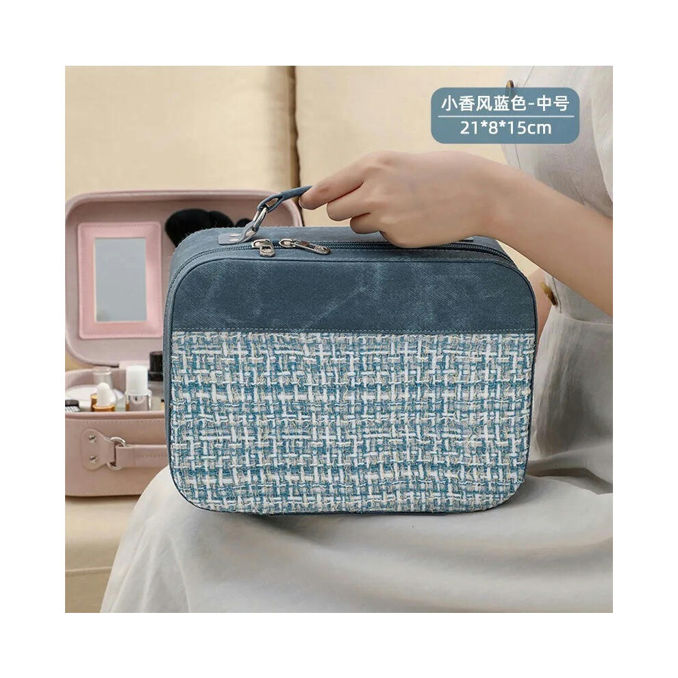 (8011 denim pattern stitching small incense trumpet blue) Internet Celebrity Explosion Large And Small Makeup Box Large -Capacity Portable Cosmetics S