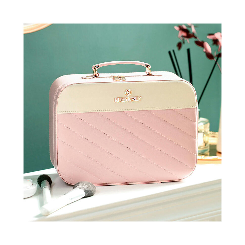 (8011 oblique stripe pink large size) Internet Celebrity Explosion Large And Small Makeup Box Large -Capacity Portable Cosmetics Storage Box Skin Care