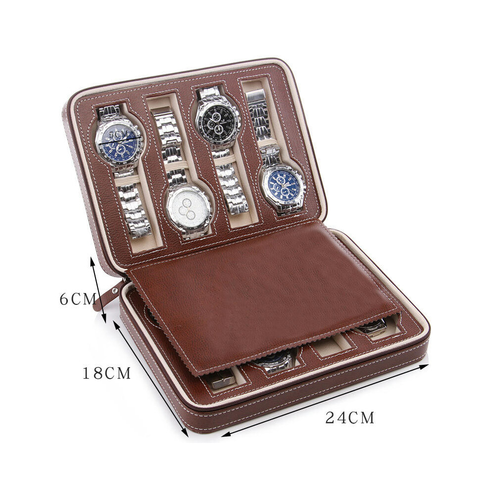 (Brown 8 -bit watch bag, standard) Portable Dust Watch Storage Box Zipper Watch Box Watch Jewelry Box Simple Leather Bracelet Display Box