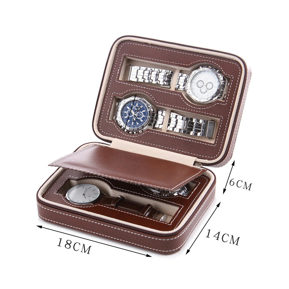 (Brown 4 -digit watch bag, standard) Portable Dust Watch Storage Box Zipper Watch Box Watch Jewelry Box Simple Leather Bracelet Display Box