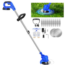 (w/ 2 Batteries) Cordless Grass Trimmer with Battery and Metal Blades Powerful Electric Strimmer Garden Grass Edger Weed Cutter Lawn Trimmer Set, Telescopic Handle