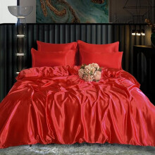 (RED, DOUBLE ) ROOEE Satin Silk Complete Bedding Set - 6 PCS