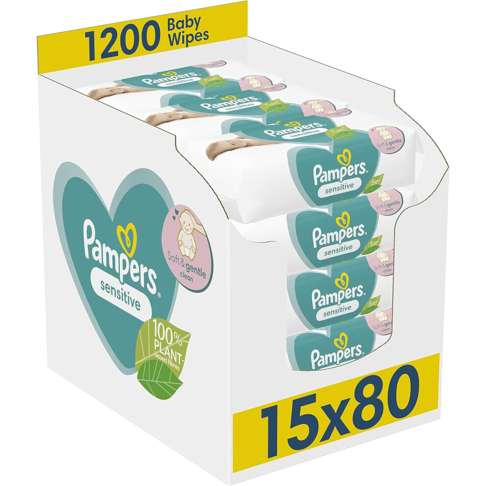 Pampers Sensitive Baby Wipes 15 Packs of 80 in  1200 Baby Wet Wipes Unscented For a Soft And Gentle Clean