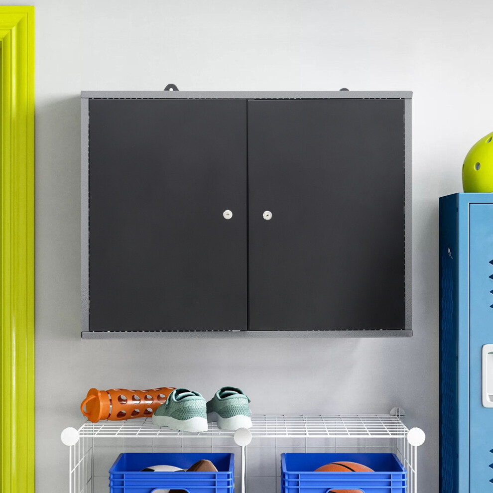 2 Doors Black Metal Wall Mounted Key Lockable Pegboard Tool Cabinet