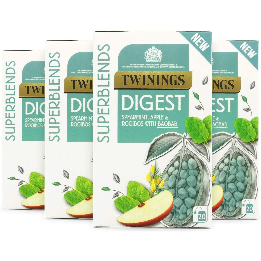 Twinings Superblends Digest Tea Spearmint Herbal Tea Infusion with Apple Rooibos & Baobab 80 x Biodegradable Tea Bags