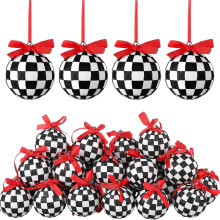12pcs Ornaments - Glittered Black And White Checkered Ball Ornament With Red Bow And String Christmas Tree Decoration, Pendant Decor Ornament, Scene D