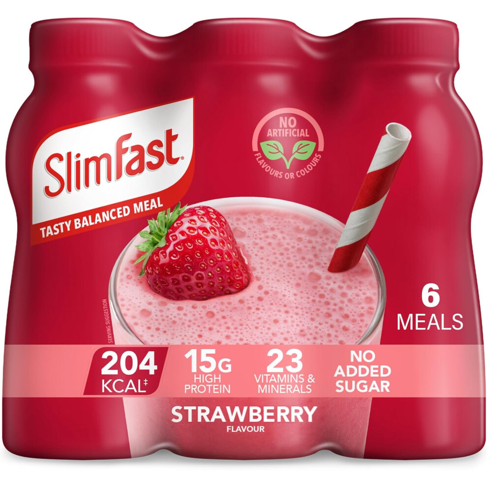 SlimFast Drink Shake Replacement Weight Loss Diet High Protein Vitamins Minerals No Added Sugar Strawberry Flavour 6 x 325 ml Packaging May Vary