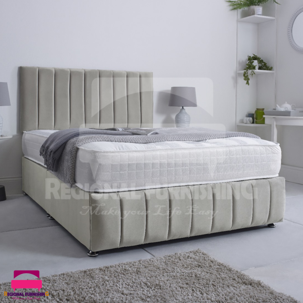 (3ft-Single(Without Drawers), Silver Plush) VERTICAL PANEL DIVAN BED SET 26"HEADBOARD+FOOTBOARD+MATTRESS