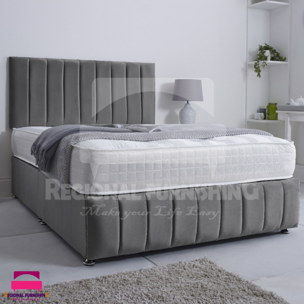 (3ft-Single(Without Drawers), Grey Plush) VERTICAL PANEL DIVAN BED SET 26"HEADBOARD+FOOTBOARD+MATTRESS