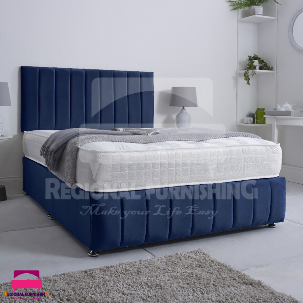 (4ft-Small Double(Without Drawers), Blue Plush) VERTICAL PANEL DIVAN BED SET 26"HEADBOARD+FOOTBOARD+MATTRESS