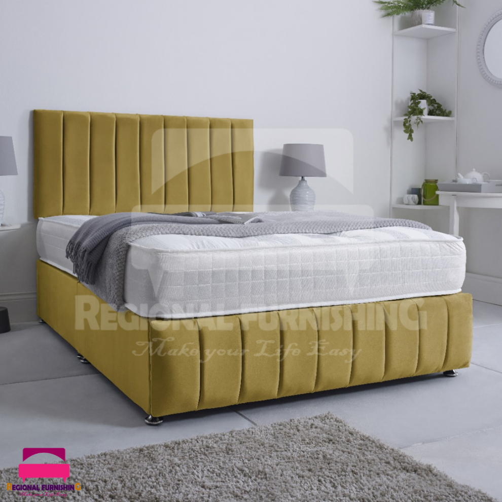 (4ft-Small Double(Without Drawers), Mustard Plush) VERTICAL PANEL DIVAN BED SET 26"HEADBOARD+FOOTBOARD+MATTRESS