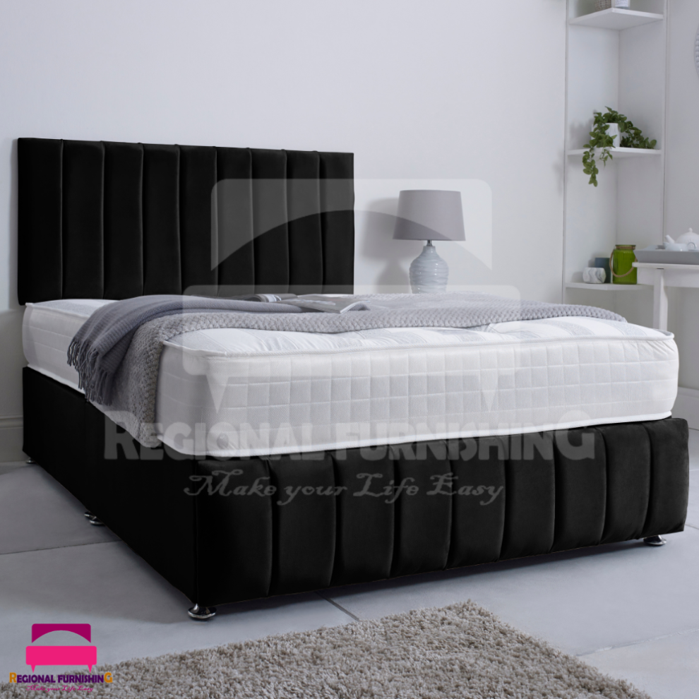 (4ft-Small Double(With 4 drawers), Black Plush) VERTICAL PANEL DIVAN BED SET 26"HEADBOARD+FOOTBOARD+MATTRESS