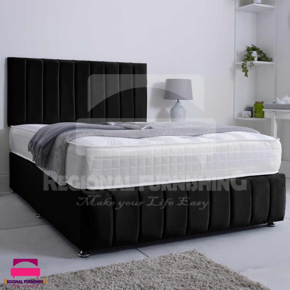 (4ft6-Double(With 4 drawers), Black Plush) VERTICAL PANEL DIVAN BED SET 26"HEADBOARD+FOOTBOARD+MATTRESS