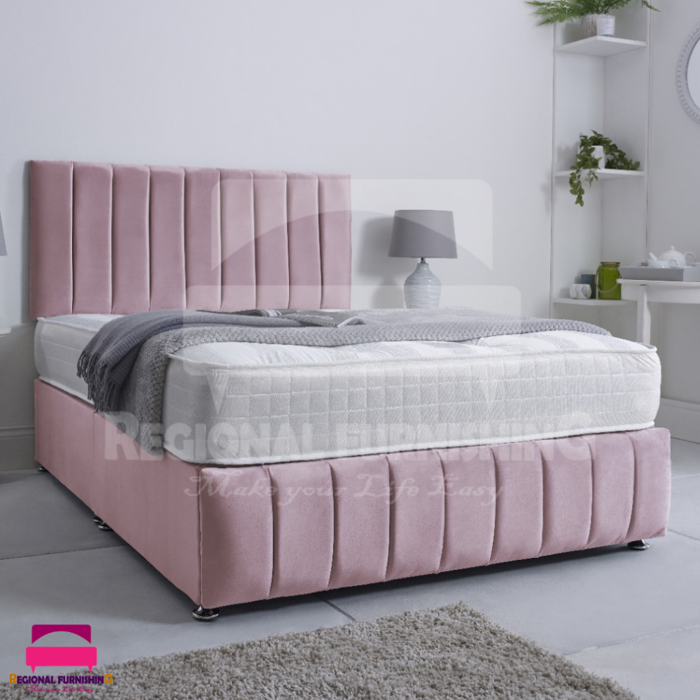 (4ft6-Double(With 4 drawers), Pink Plush) VERTICAL PANEL DIVAN BED SET 26"HEADBOARD+FOOTBOARD+MATTRESS