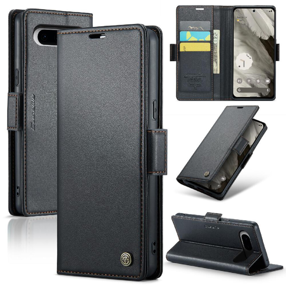 (Black) Caseme Case For Google Pixel 8 Anti Fraud Shockproof Case Wallet Case Kickstand Card Slot Black 764762660314