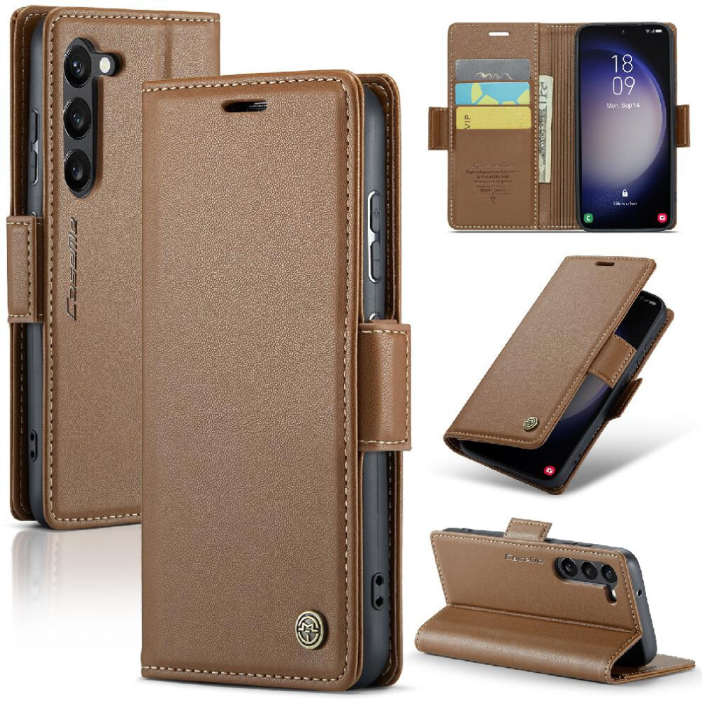 (Brown) Caseme Case For Samsung Galaxy S23 Anti Fraud Card Slot Wallet Case Shockproof Case Kickstand Brown 764762660963