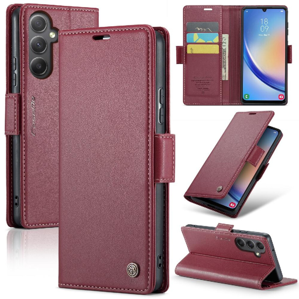 (Red) Caseme Case For Samsung Galaxy A34 5G Shockproof Case Card Slot Kickstand Wallet Case Anti Fraud Red 764762662660