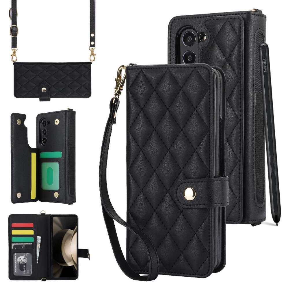 (Black) Case for Samsung Galaxy Z Fold 5 Anti Theft Brush Stand Function Premium Protection Crossbody Style with 5 Card Slots Leather Wallet Case