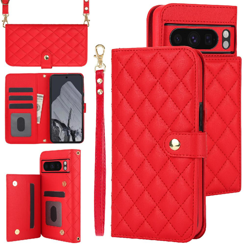 (Red) Case For Google Pixel 8 Pro Anti Theft Brush Crossbody Style With 5 Card Slots Leather Wallet Case Stand Function Premium Protection