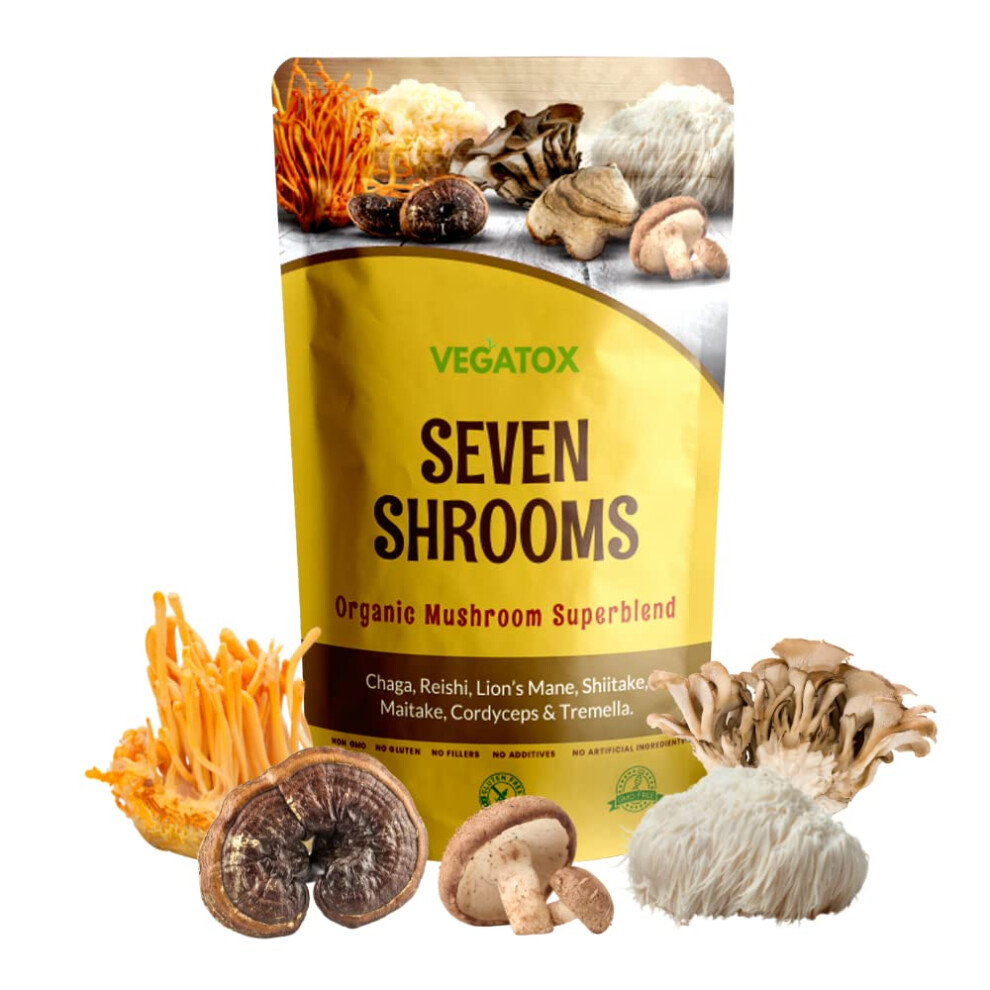 Vegatox Seven Mushroom Powder | Medicinal Mushrooms Blend With Chaga, Reishi, Lion's Mane, Cordyceps | 100% Pure Organic Shroom