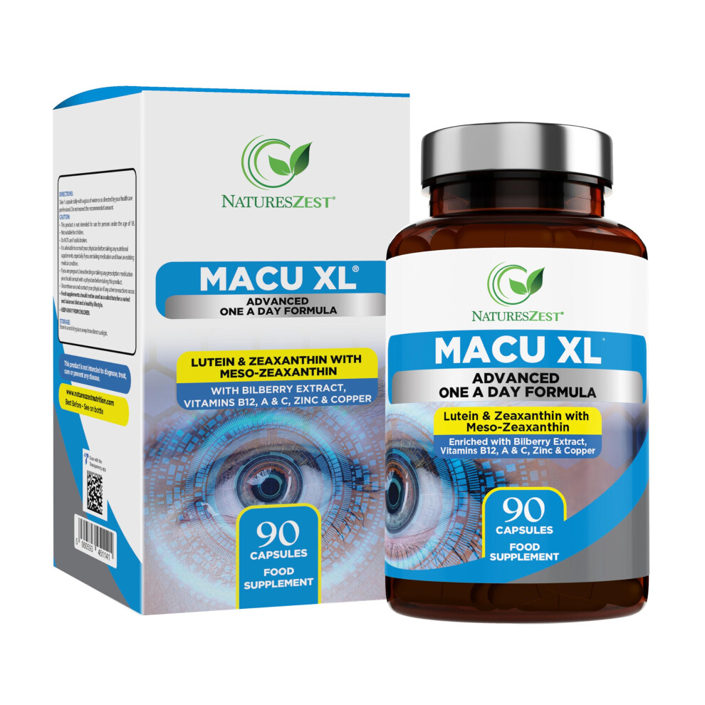 Macu XL - Lutein and Zeaxanthin Supplement - 3 Month Supply with Meso Zeaxanthin, Bilberry Extract, Vitamins A, B12 &