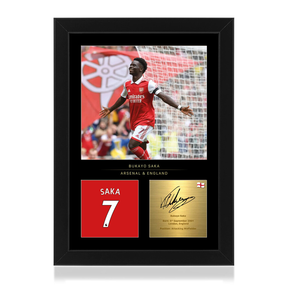 Bukayo Saka Signed A4 Framed Photo Display - Reproduced Digital Signature - Gift For Arsenal FC Fans