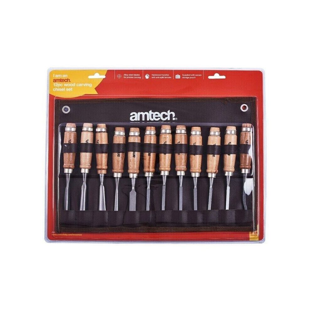 Amtech 12 Piece Wood Carving Chisel Set Woodworking Tools Chisels Craft E0900