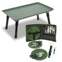 Carp Fishing Bivvy Table with Cutlery Plates Forks Spoon Set In Case