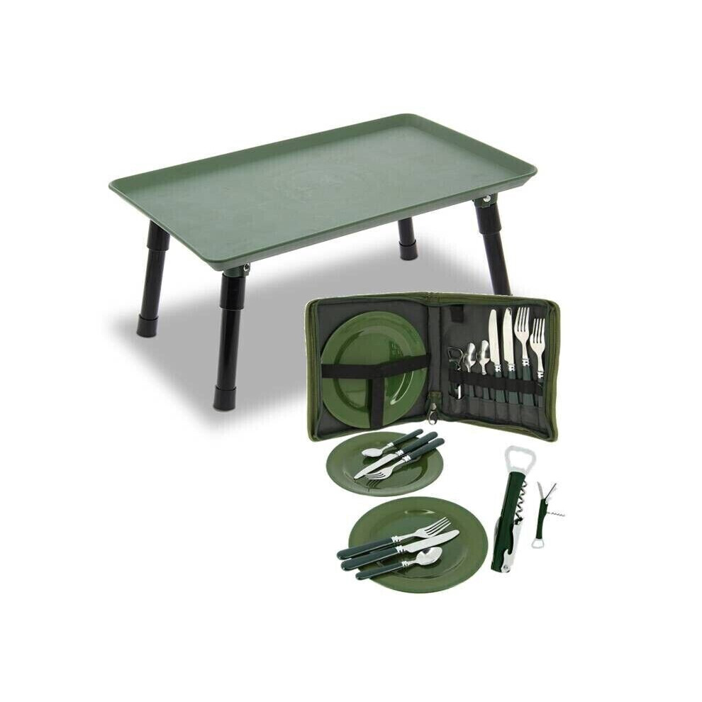 Carp Fishing Bivvy Table with Cutlery Plates Forks Spoon Set In Case