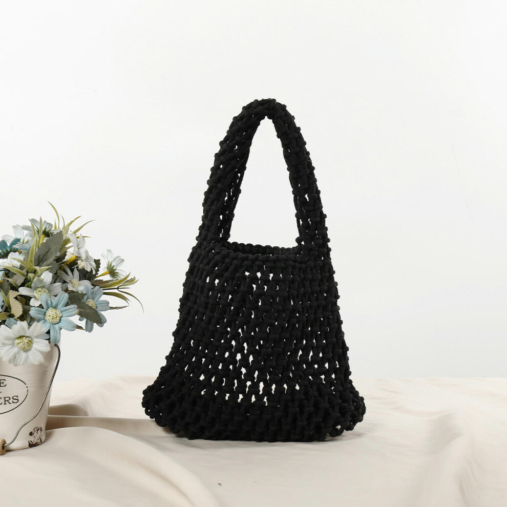 (Black Wulip) The New Hollow Net Hand -Made Pure Color Hand -Woven Cotton Rope Bag Wrist Bag Beach Holiday Barrel Bag Women's Bag