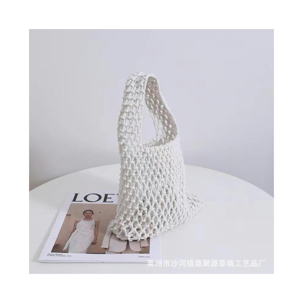 (White+Libu) The New Hollow Net Hand -Made Pure Color Hand -Woven Cotton Rope Bag Wrist Bag Beach Holiday Barrel Bag Women's Bag