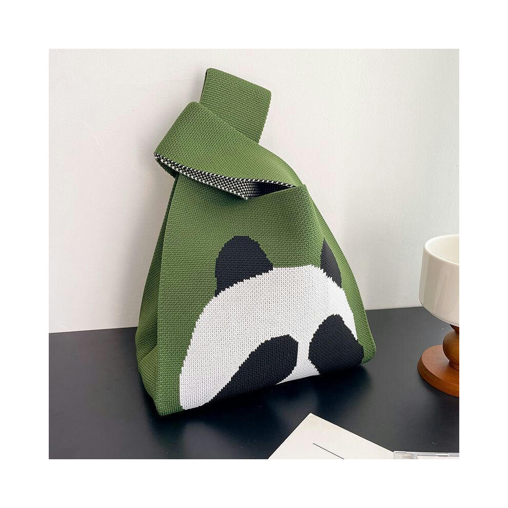 (Blindfolded panda-green) Large -Capacity Net Red Handbag Knitted Knitted Wool Bucket Bag Panda Versatile Casual Curser Bag Lunch Bag