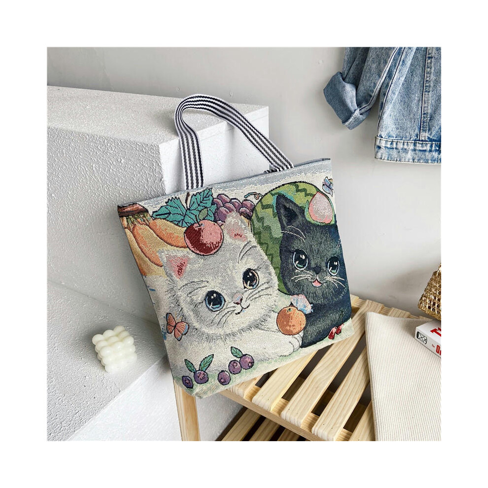 (Fruit cat) Wholesale Tot Bag 2024 New Trendy National Wind Bag Shopping Bag Cartoon Embroidered Large -Capacity Female Shoulder Bag