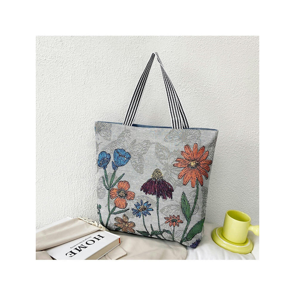 (Lotus) Wholesale Tot Bag 2024 New Trendy National Wind Bag Shopping Bag Cartoon Embroidered Large -Capacity Female Shoulder Bag