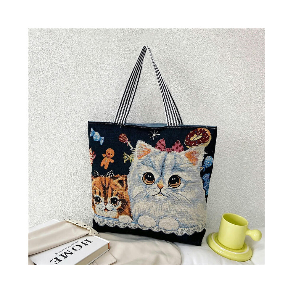 (Black cat) Wholesale Tot Bag 2024 New Trendy National Wind Bag Shopping Bag Cartoon Embroidered Large -Capacity Female Shoulder Bag