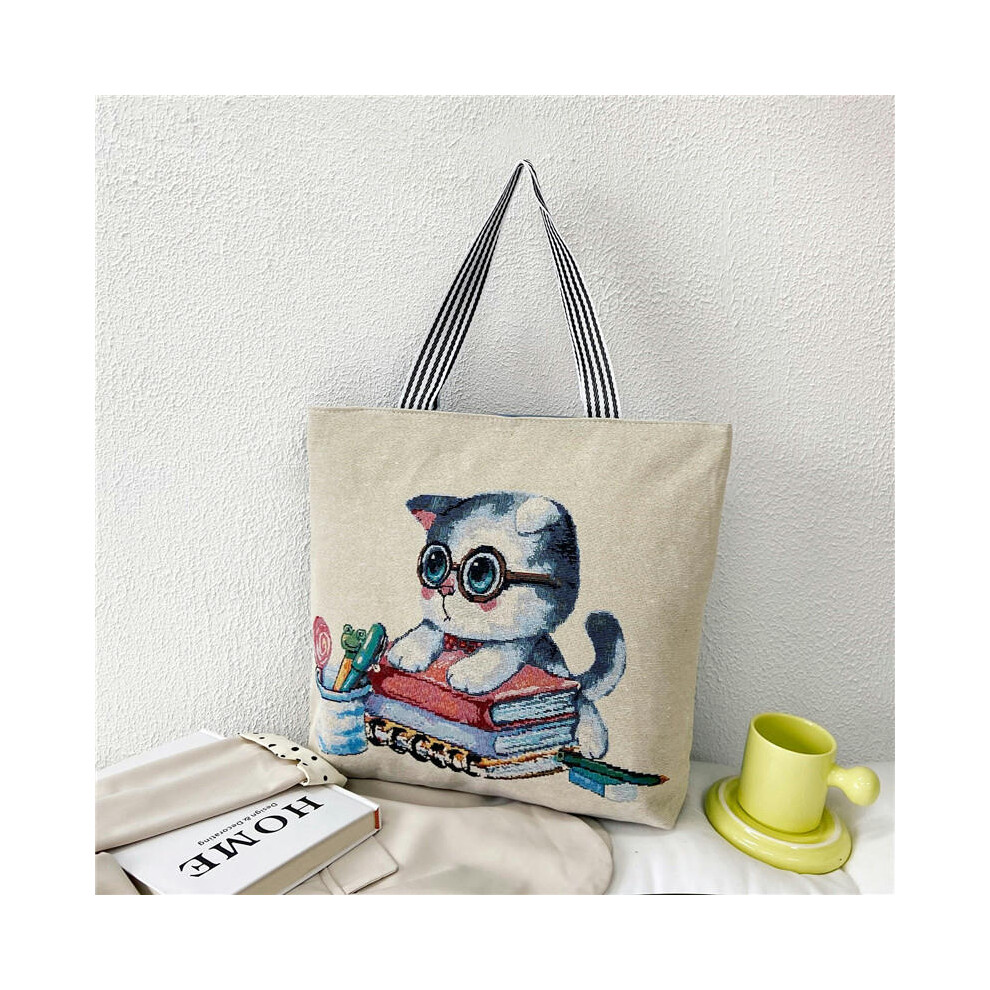 (Happy cat) Wholesale Tot Bag 2024 New Trendy National Wind Bag Shopping Bag Cartoon Embroidered Large -Capacity Female Shoulder Bag