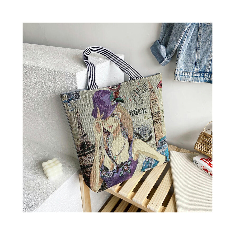 (Purple beauty) Wholesale Tot Bag 2024 New Trendy National Wind Bag Shopping Bag Cartoon Embroidered Large -Capacity Female Shoulder Bag