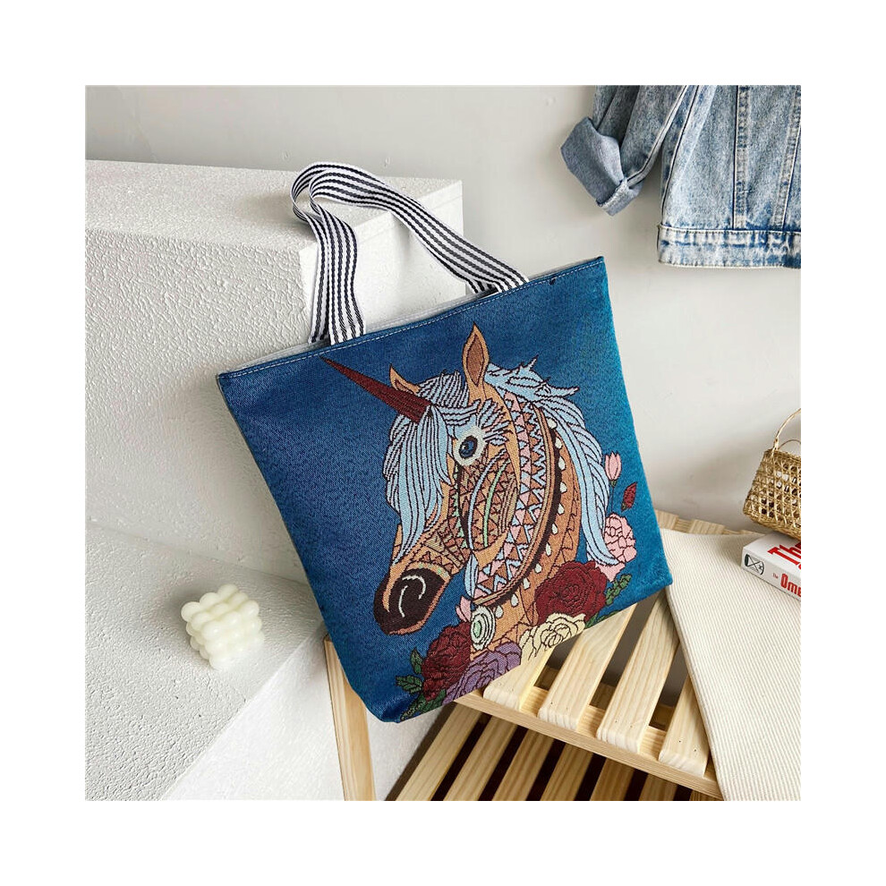 (unicorn) Wholesale Tot Bag 2024 New Trendy National Wind Bag Shopping Bag Cartoon Embroidered Large -Capacity Female Shoulder Bag