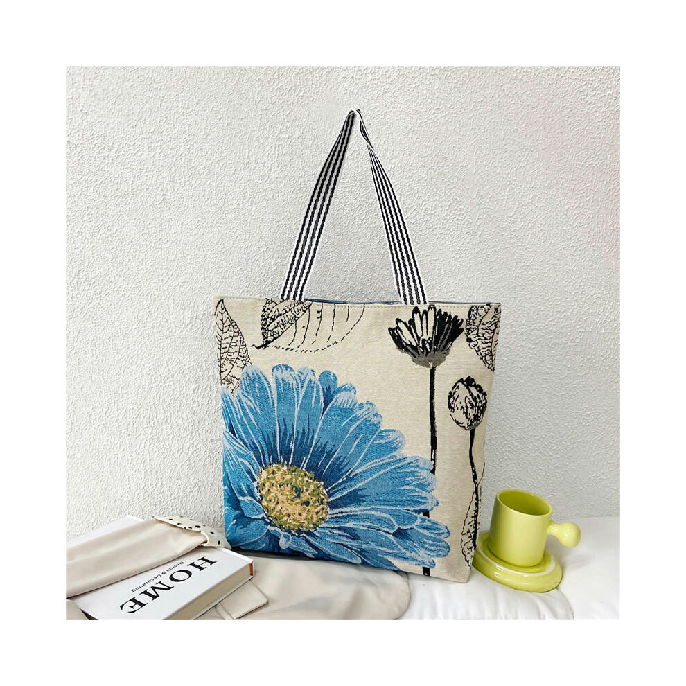 (Blue flower) Wholesale Tot Bag 2024 New Trendy National Wind Bag Shopping Bag Cartoon Embroidered Large -Capacity Female Shoulder Bag