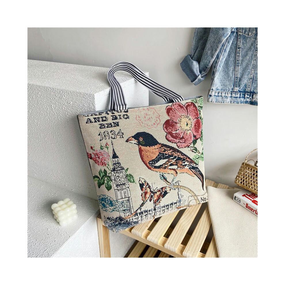 (One bird) Wholesale Tot Bag 2024 New Trendy National Wind Bag Shopping Bag Cartoon Embroidered Large -Capacity Female Shoulder Bag