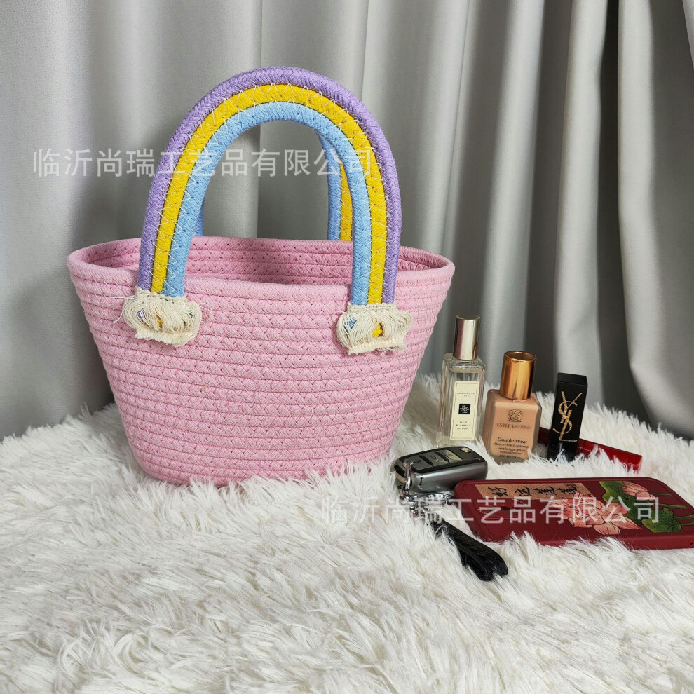 (pink, Small mouth pressure flat 26 bottom 15 high 15cm high 15cm) Flower Rainbow Cotton Cotton Rope Weaving Little Pedestrians Bag Wedding Smart Girl