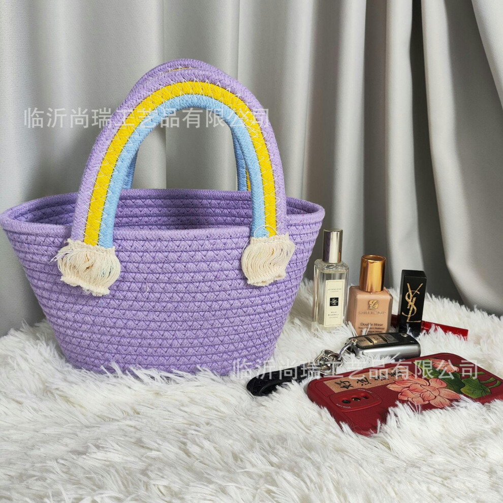 (Purple, Mid -number flat flat 28 height 15 base 18 width 8cm long 8cm) Flower Rainbow Cotton Cotton Rope Weaving Little Pedestrians Bag Wedding Smart