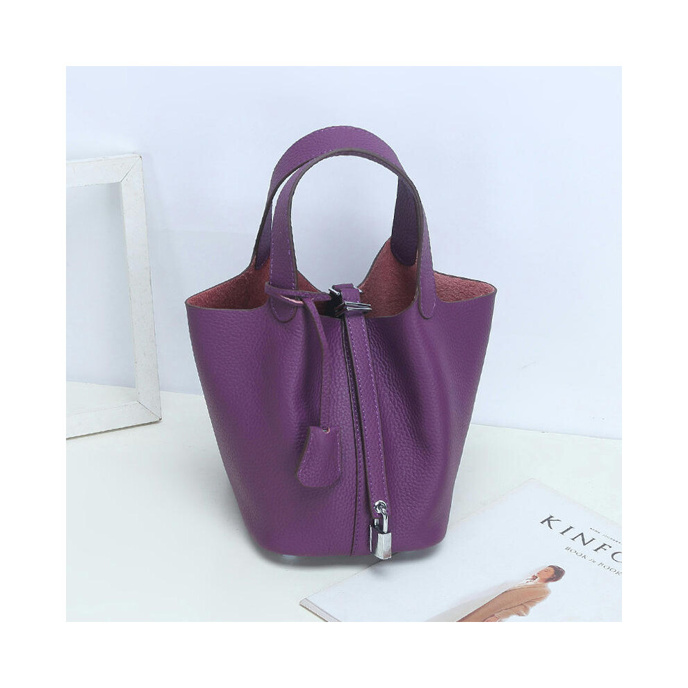 (Purple (head layer cowhide), small) New Litchi Pattern Casual Dish, Bag Leather, Fashion Versatile Barrel Head Layer Cowhide Large Capacity Handbag