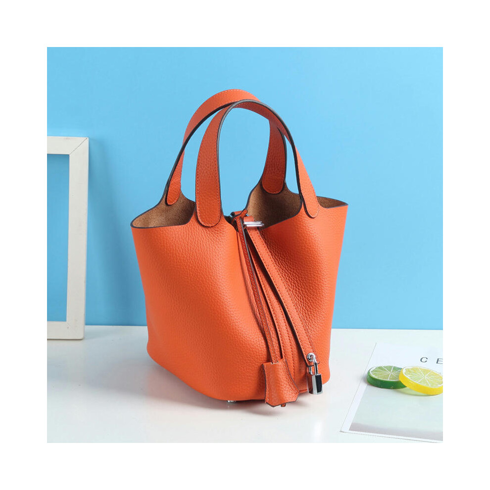 (Orange (head layer cowhide), small) New Litchi Pattern Casual Dish, Bag Leather, Fashion Versatile Barrel Head Layer Cowhide Large Capacity Handbag