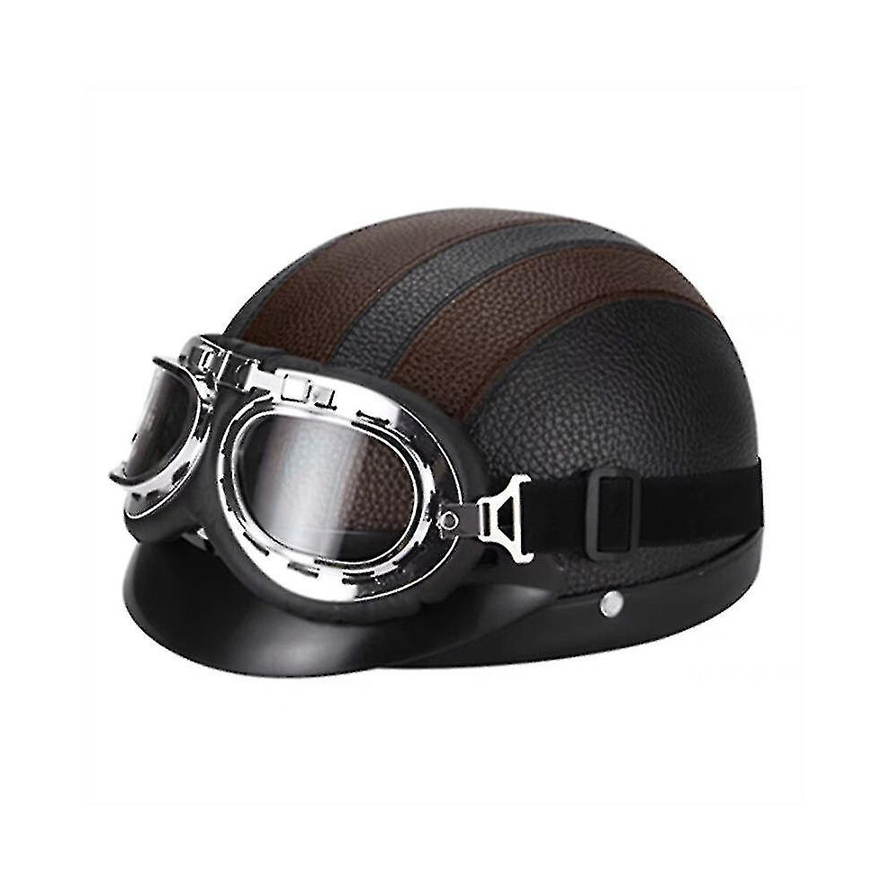 (Brown) Retro Motorcycle Leather Half Helmet With Goggles Brown 9033322507828
