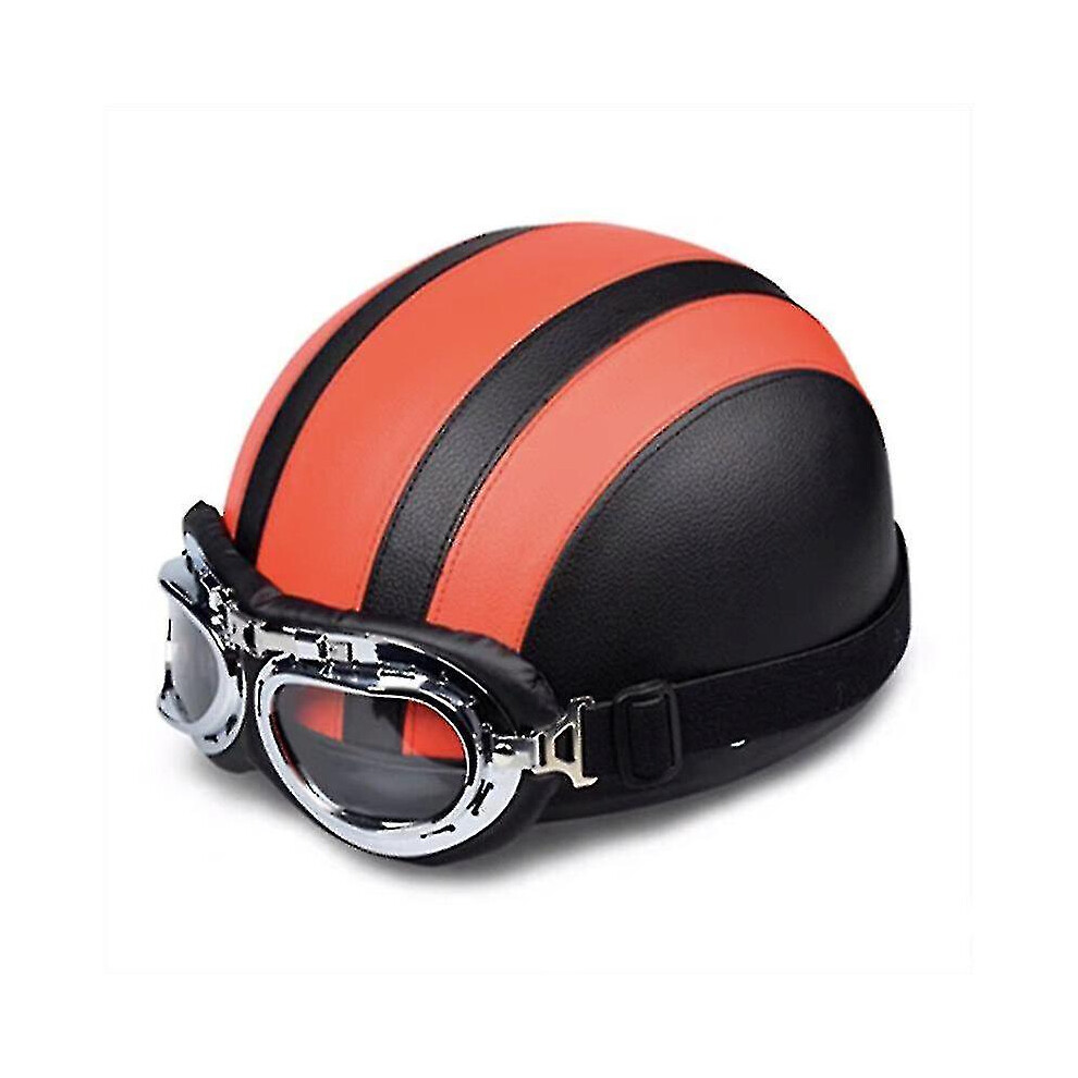 (Orange) Retro Motorcycle Leather Half Helmet With Goggles Orange 9033322507842