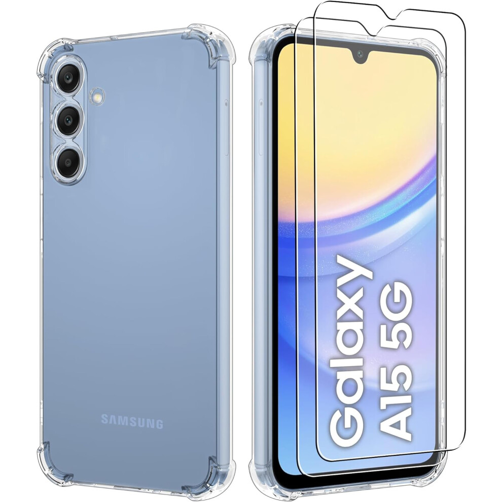 Samsung Galaxy A15 5G Shockproof Clear Case + 2-Pack Tempered Glass Screen Protectors